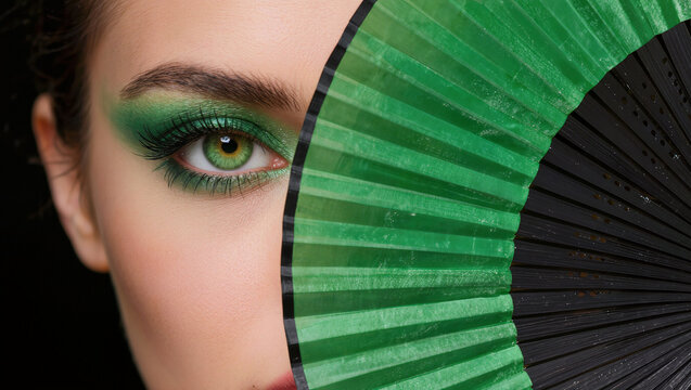 Extreme close up , A green hand fan covering half face of beautiful woman , green eyes , black background.