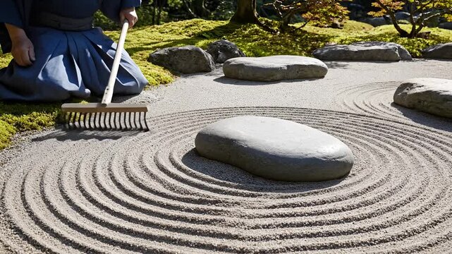 Zen Garden Raking Meditation in Japanese Style.