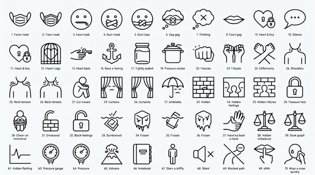 Collection of 70 line icons representing emotions feelings and concepts such as silence anxiety and freedom