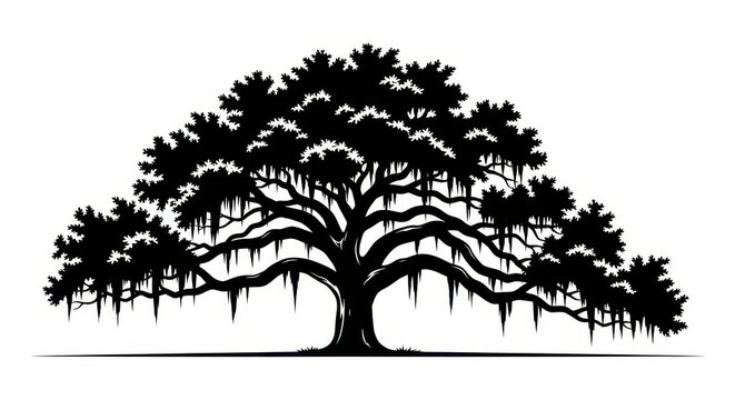 Majestic Live Oak Tree Silhouette with Hanging Spanish Moss and Wide Canopy Vector Illustration