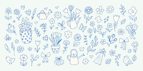 Obraz premium Floral ornament with watering cans line art on a light blue background