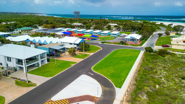 Breathtaking aerial shot of Lancelin's coastline and town, with clear blue waters in Western Australia
