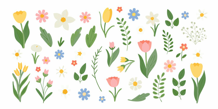 Floral arrangement of tulips daffodils and wildflowers vector illustration