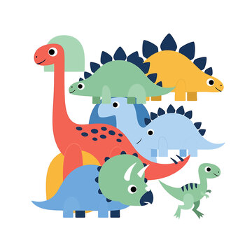 Colorful cartoon dinosaurs standing together 1.