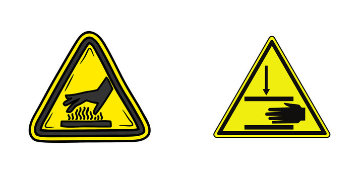 Warning signs for hot surface and crushing hazard, isolated on transparent background