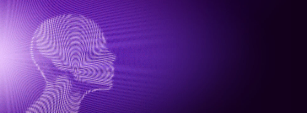 Futuristic AI wireframe portrait on purple gradient background. Vector realistic illustration of human head visualization, artificial intelligence technology concept, cyber security scan system