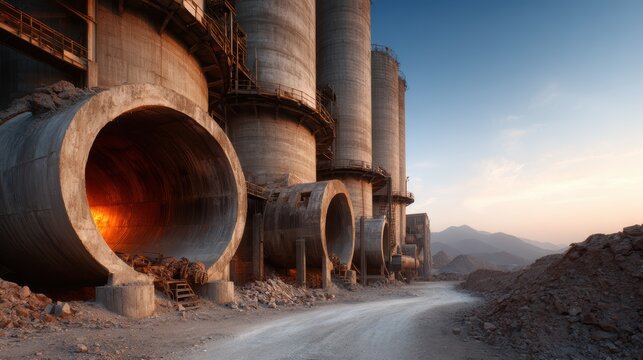 A striking shot of towering industrial silos set against a vibrant sunset, presenting a perfect blend of nature and human engineering in a serene landscape.