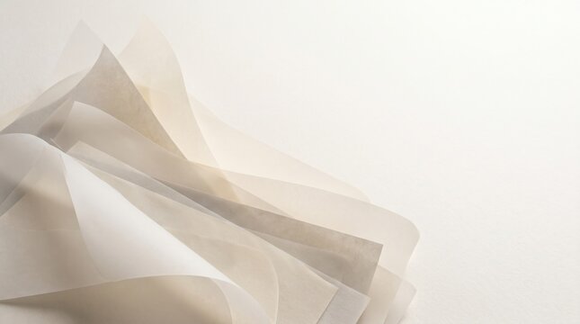 Elegant abstract layered translucent vellum paper and sheer fabric with large clean copy space