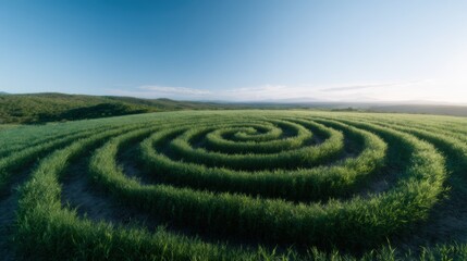Naklejka premium A beautiful spiral pattern formed by lush green grass, set against a bright blue sky and rolling hills, showcasing nature's symmetry and tranquility in a serene landscape.