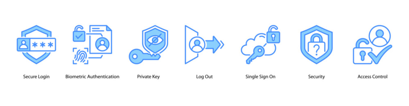 Secure Entry web banner icon vector illustration featuring Secure Login, Biometric Authentication, Private Key, Log Out, Single Sign On, Security, and Access Control.