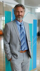 Fototapeta premium Senior business consultant standing beside transparent data presentation panel