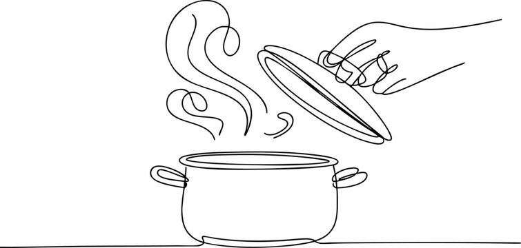 Continuous line drawing of hand lifting lid from cooking pot with rising steam vapor.