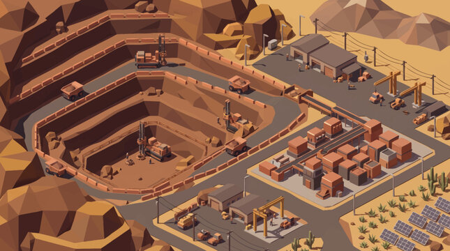 Open pit mine with heavy machinery and industrial buildings.