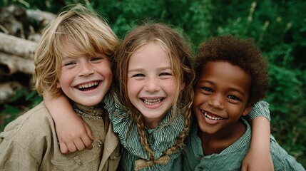 Fototapeta premium The image depicts three cheerful children embracing each other joyfully in a lush green natural setting, celebrating friendship and innocence amid a vibrant environment.
