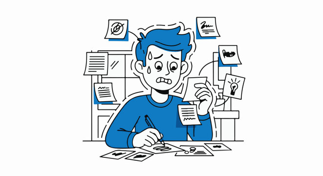 Overwhelmed cartoon man drowning in paperwork and bills.
