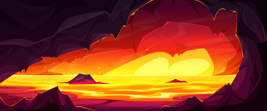 Fiery hell cave landscape with flowing lava river and volcanic rocks, cartoon vector background. Game underground scene with molten magma, dark stone walls, mountain inside adventure level