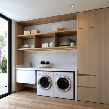 Modern laundry room with wooden cabinets, marble backsplash, washing machine, dryer, open shelves, and natural light from large window