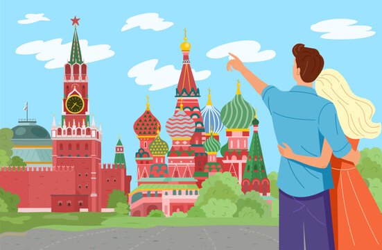 A romantic couple on Red Square in Moscow points to the Kremlin and St. Basil's Cathedral. Vector illustration.