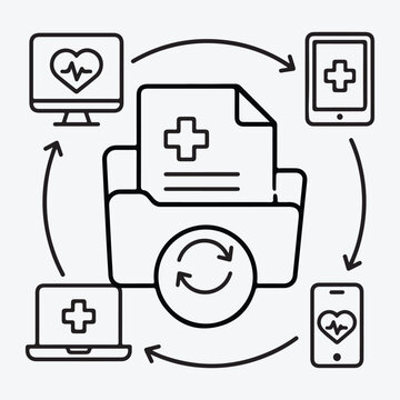 Medical Data Exchange Icon Featuring Devices And Documents Line Art Style healthcare