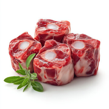 Fresh oxtail meat pieces with bone and green herb garnish, raw beef cut on white background for cooking or culinary use
