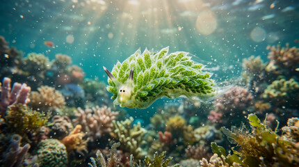 Fototapeta premium Leaf Sheep Sea Slug Swimming Through Tropical Coral Reef
