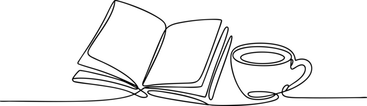 Continuous line drawing of open book and tea cup for peaceful morning reading and study concept.
