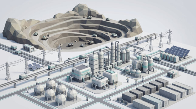 Industrial mining complex with processing plant and power generation.