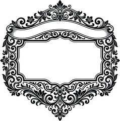 An intricate ornamental vintage frame drawing with ornamental flourishes and a blank ribbon banner. © Munna_SH