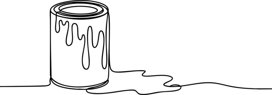 Continuous line drawing of paint can with spilled paint, simple vector illustration of artistic creation.