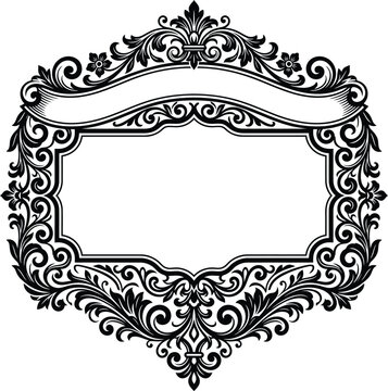 An intricate ornamental vintage frame drawing with ornamental flourishes and a blank ribbon banner.