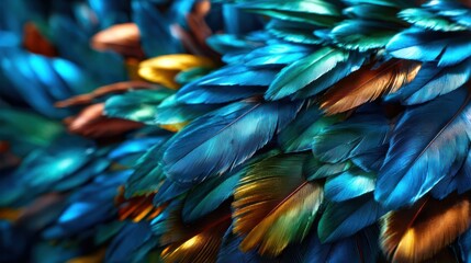 Obraz premium A striking close-up of vibrant, iridescent feathers showcasing a blend of blue, green, and hints of gold, reflecting light beautifully and evoking a sense of wonder and beauty.