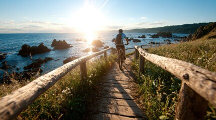 Fototapeta premium A person rides a bicycle on a scenic wooden path beside the ocean, framed by beautiful rock formations and illuminated by a vibrant sunset sky.