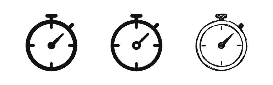 Stopwatch and timer icon set for time management and speed in solid, outline, and sketch styles