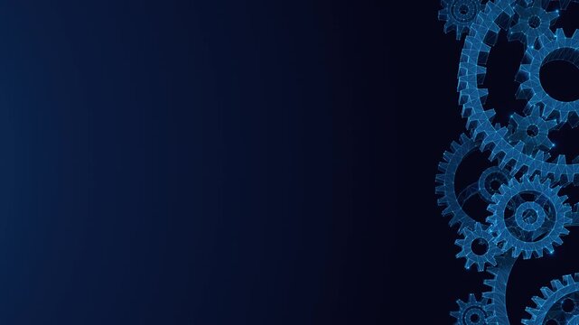Abstract Animation Loop of a Low Poly Gear Mechanism on a Blue Background with Copy Space. Modern technical concept for digital technology, engineering projects and industrial business applications.