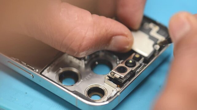 Technician repairing smartphone motherboard after disassembly in electronics repair workshop