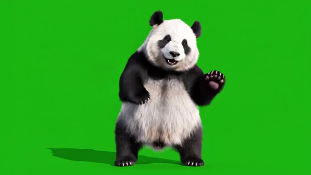 Giant Panda Standing on Hind Legs on Green Screen, Playful Bear Waving and Dancing, Isolated Animal Footage for VFX and Compositing.