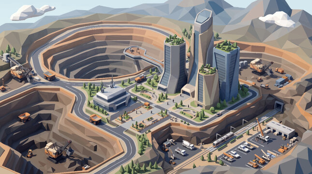 Futuristic Open Pit Mine with Modern Buildings and Vehicles.