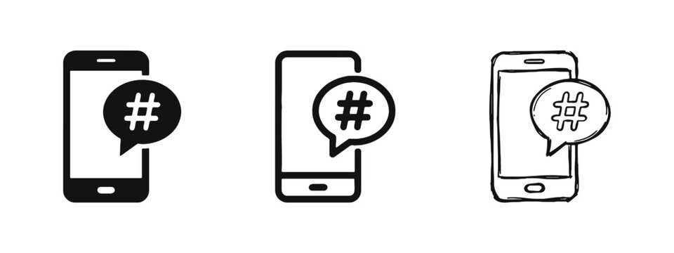 Smartphone with Hashtag Bubble Icon Set for Social Media Marketing