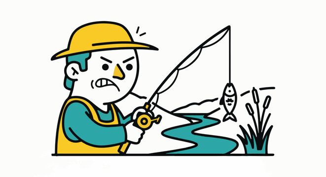 Frustrated cartoon character fishing by the riverbank.