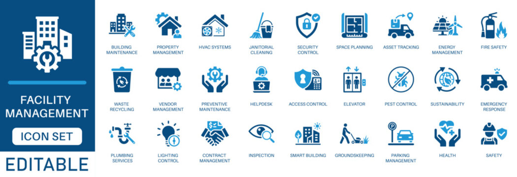 Facility management icon set. featuring property maintenance,  building operations, smart building control, office security, and janitorial service symbols in a clean blue flat design.