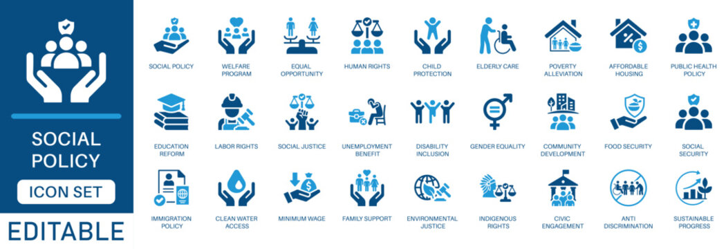 Social policy icon set. featuring modern vector symbols for human rights, welfare,  gender equality, public healthcare, community support, and social justice in a clean blue flat design.
