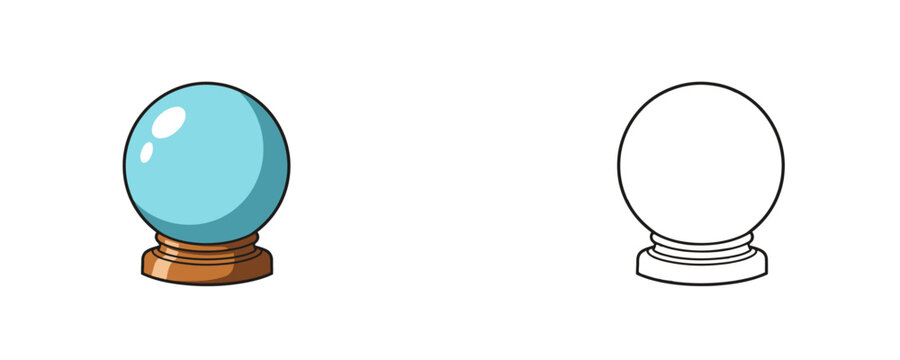 Magic crystal ball cartoons in flat color and black line styles with blue glass and wooden stand on white background used for fortune telling performance prop