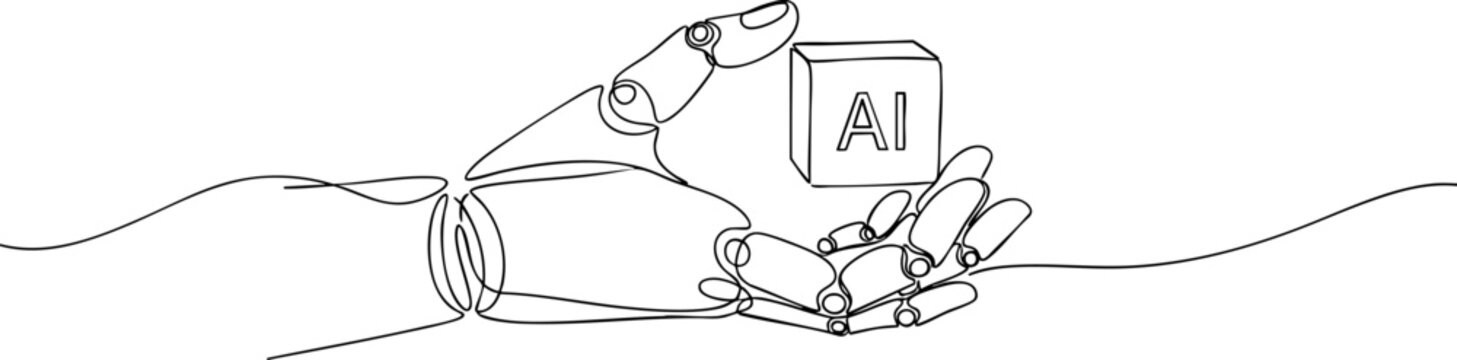 Continuous line drawing of robotic hand holding an AI cube, artificial intelligence concept.