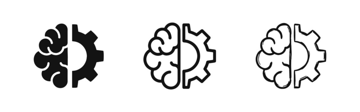 Brain and Gear Artificial Intelligence Concept Icon Set in Solid Outline and Sketch Style