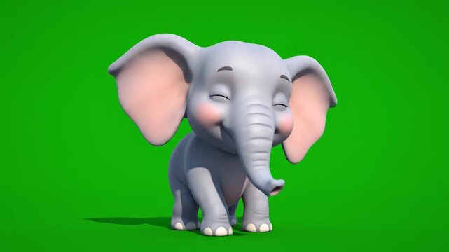 Adorable cartoon baby elephant with sleepy eyes on a vibrant green screen background, perfect for animation projects