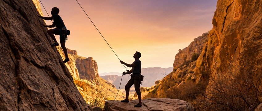 Two climbers scaling a rugged cliff face at sunset with safety ropes and harnesses on a rocky mountain