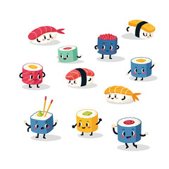 Cartoon sushi characters with smiling faces. © Maher