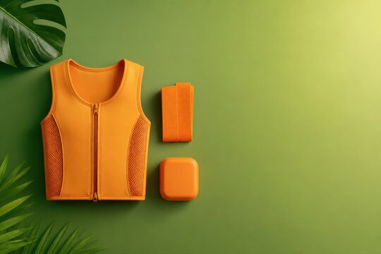 Orange sleeveless zip vest with matching accessories on green background flat lay with copy space