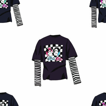 Seamless pattern with illustration of an alternative fashion outfit featuring a black graphic t-shirt