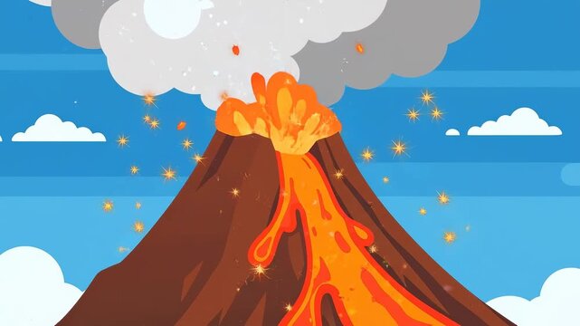 Slow motion pan tracking shot of volcano erupting with lava flow and ash plume in daytime cartoon landscape